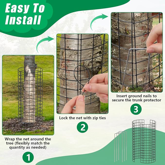 UQM Tree Trunk Protector, 24 Pcs Metal Tree Guards Trunk Protector with Glove & Metal Stakes & Zip Ties, 12 Pack Mesh Tree Bark Protector, Plant Protectors from Deer Animals Mowers Trimmers