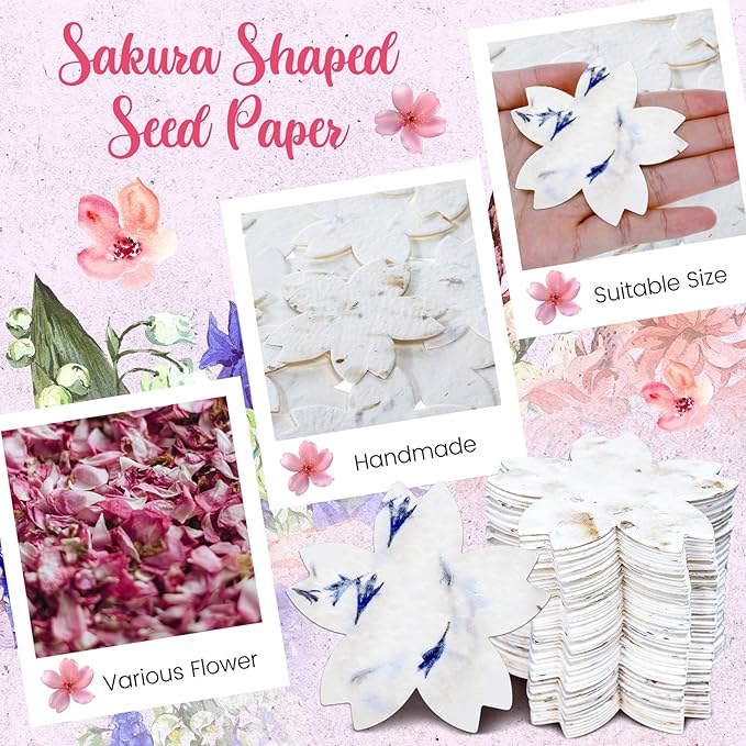 50 Pcs Handmade Seed Paper Plantable Wildflower Seed Paper Recycled Flower Petals Tags Wedding Favors for Guests Craft Gifts Cards for Envelope Birthday Party, 5 Styles (Flower Shape)