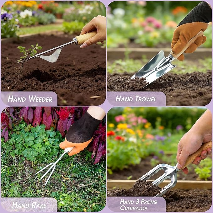 Garden Tool Set, 10 PCS Gardening Essentials, Stainless Steel Garden Hand Tools with Tote Bag, Well-Designed Gardening Supplies Kit Gifts for Women Men Gardeners