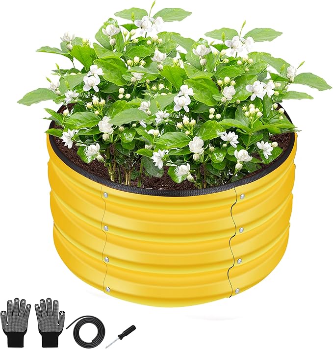 ZXZYHFTY Raised Garden Bed, 0.6 mm Galvanized Steel Round Planter Box with Open Bottom, Yellow, 2 x 2 x 1 FT, 1 Pack