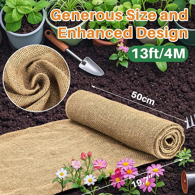 Burlap Fabric Roll - Natural Gardening Burlap Roll 13 Feet x 19.7" Multipurpose Jute Fabric for Boho Wedding Decor Outdoor Weed Barrier Tree Trunk Wrap Farmhouse Table Decor for Crafts
