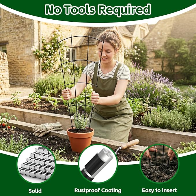 4 Pack 24" Metal Plant Trellis for Pots & Garden Beds, Rustproof Support for Indoor Outdoor Climbing Plants, Vines, Flowers, Fan Shaped, Black