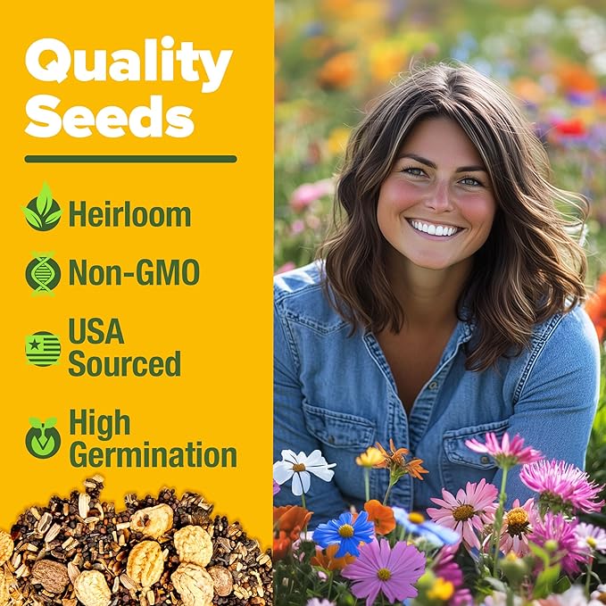 HOME GROWN Premium Wildflower Seeds 89,000+ Count - 23 Non-GMO Native Varieties for Bees, Butterflies & Birds - Perennial Wildflower Seed Mix Bulk 2oz - for Full Sun & Shade Gardens