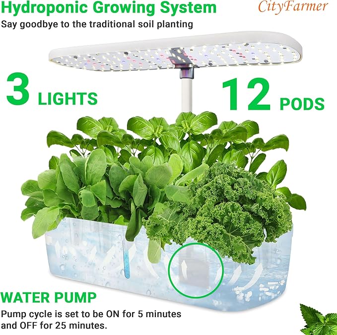 Cityfarmer Indoor Hydroponics Growing System: Indoor Fresh Vegetable, Herb Garden Kit with LED Grow Light Quiet Smart Water Pump Automatic Timer - Planter for Home Kitchen Office (White, 12 pod)