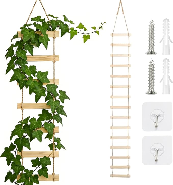 Extra Tall 6ft Wooden Ladder Trellis for Climbing Plants - Sturdy Indoor/Outdoor Plant Support,Easy Assembly & Space-Saving Vertical Garden Decor for Potted Plants, Vines, Pothos, Monstera
