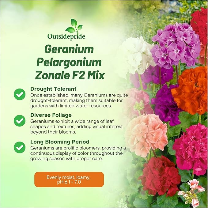 Outsidepride Mix Geranium Seeds for Planting - 200 Pcs Annual, Heat & Drought Tolerant Flower Seeds with Green Foliage & Mix Blooms for Pots, Borders & Lush Summer Garden Displays