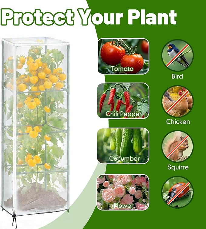 6 Pack 47.2 * 16.9 * 16.9inch Plant Cover for Square Tomato Cage,Tomato Trellis Mesh Netting Covers with Zipper Drawstring Bird Netting for Garden Protection