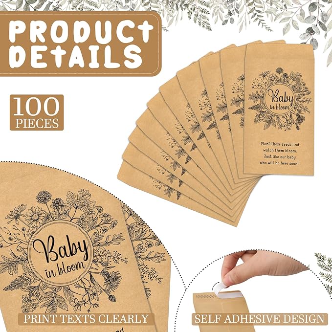 Maitys 100 Pcs Baby Shower Seed Packets Favors for Guests Baby in Bloom Wooden Sign Self Adhesive Envelopes Packet Storage Decor, No Seeds(Retro Wildflower)