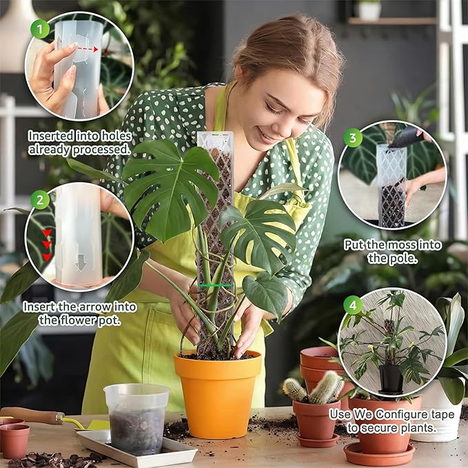 Sisher Monstera Moss Pole 4pcs Plastic Moss Pole for Climbing Plants Work with Sphagnum Moss 16 Inch D Shaped Poles Indoor Plant Support, White