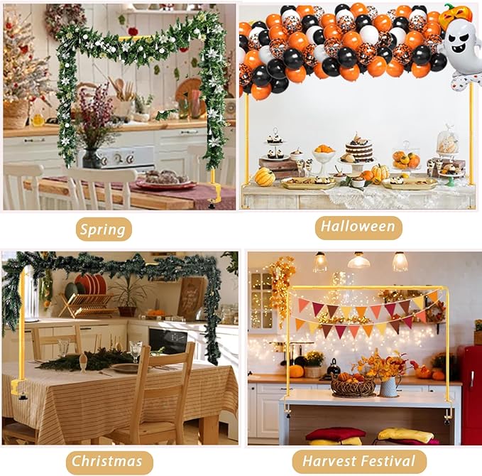 Over The Table Rod Stand with Clamps Adjustable 31"-110'' Length 31"-64" Height Gold Table Balloon Arch Stand with Storage Bag, Metal Decorating Rod Hanging