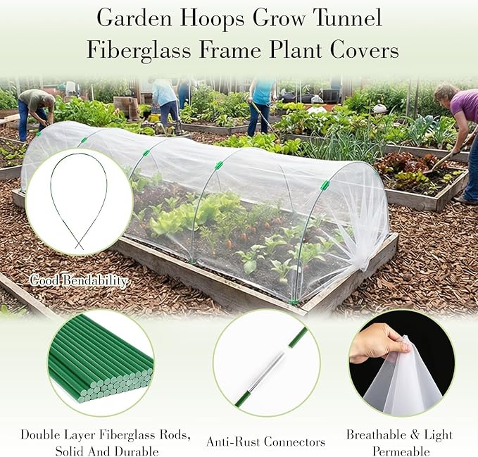 Garden Mesh Netting Kit with Hoops, 36Pcs Greenhouse Hoops Grow Tunnel Garden Covers for Raised Beds Fiberglass Frame Plant Protection Row Cover for Vegetable Fruit Flowers