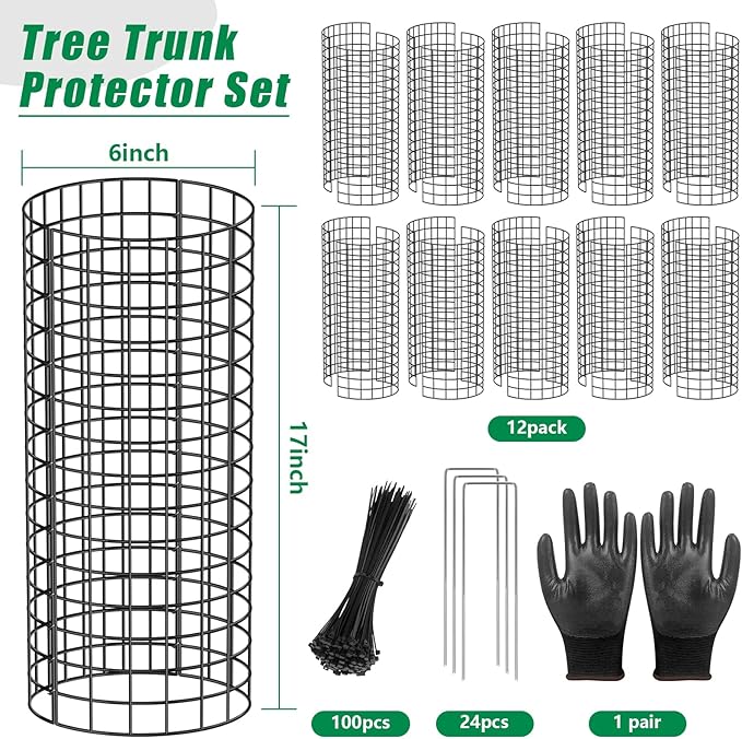 UQM Tree Trunk Protector, 24 Pcs Metal Tree Guards Trunk Protector with Glove & Metal Stakes & Zip Ties, 12 Pack Mesh Tree Bark Protector, Plant Protectors from Deer Animals Mowers Trimmers