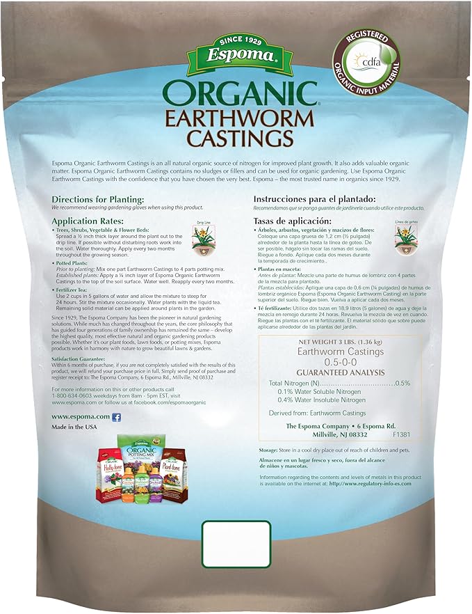 Espoma Organic Earthworm Castings - 4 qt. Bag. 100% Pure with no fillers. Safe, Non-Toxic Organic Fertilizer and Soil Conditioner. Produces Vigorous Plant Growth While improving Soil Structure.