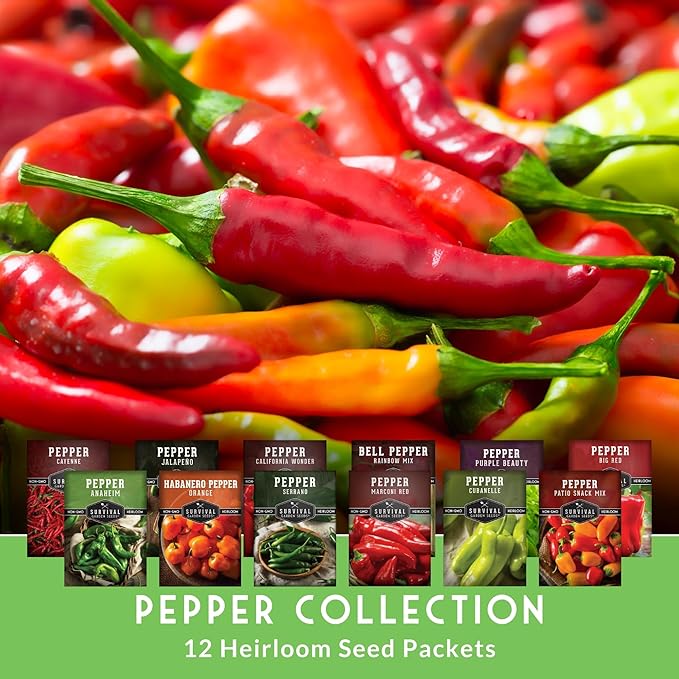 Pepper Seeds for Planting - 12 Variety Pack | Jalapeño, Serrano, Cayenne, Bell, Habanero, Anaheim & More – Hot & Sweet Heirloom, Non-GMO Pepper Seed Varieties – Survival Garden Seeds