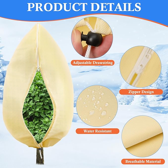 4 Pcs Plant Covers Freeze Protection, Reusable Winter Frost Cover for Outdoor Shrub & Fruit Tree Potted, 2.8oz/yd² Heavy-Duty Tree Jacket with Zipper & Drawstring, 32" x 47"