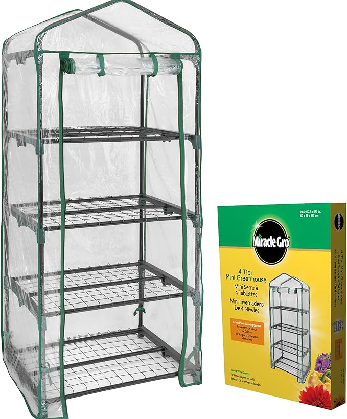 Miracle-Gro 23" x 17" x 57" 4-Tier Indoor/Outdoor Mini Greenhouse Plant Tent, All-Season Compact Plant Growth Accelerator with PVC Cover and Roll-Up Zipper Door, Clear