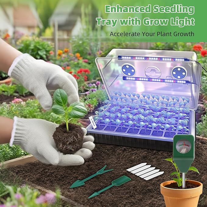 Terronix Indoor Seed Starting Kit with 60-Cell Self-Watering Tray, LED Grow Light, Timer, Humidity Dome, pH Meter for Plant Germination, Vegetables, Herbs, Flowers