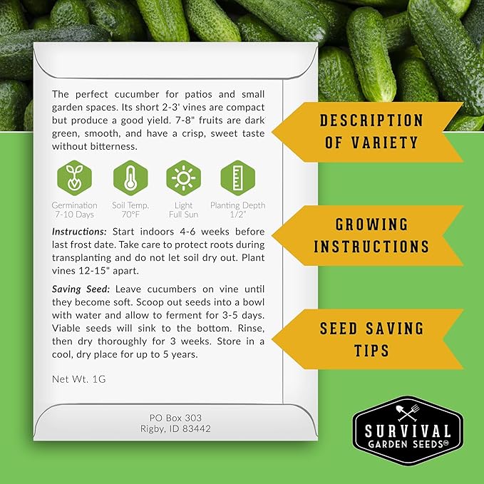 Spacemaster Cucumber Seeds for Planting | Compact Heirloom Non-GMO Variety for Small-Space Gardens – Survival Garden Seeds (5 Packs)