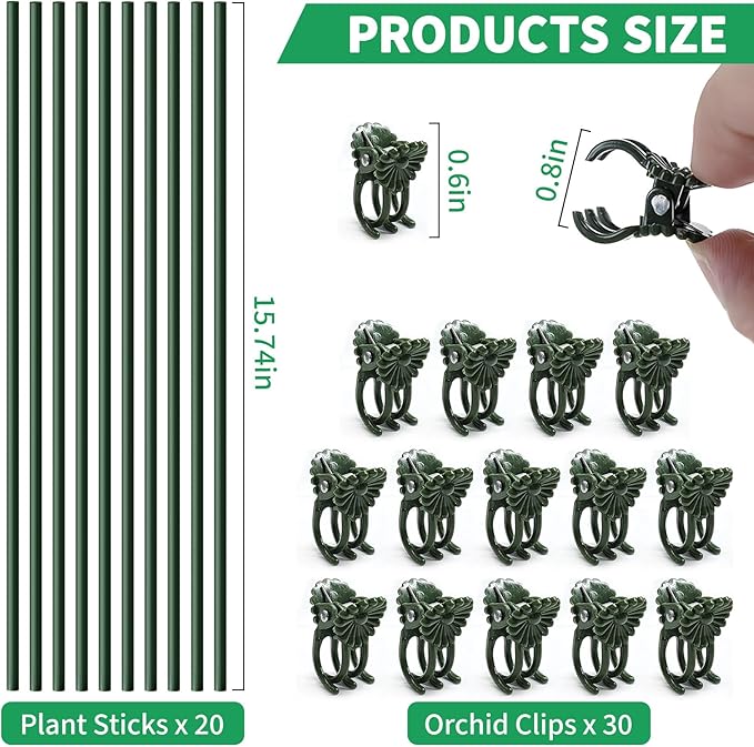 20pcs 15.7" Plant Stakes with 30pcs Clips, Bendable Orchid Stakes and Clips Set Support Tall for Indoor/Outdoor Plants,Potted Plants,Single Stem Vines Flower Plant Support Sticks for Orchid Rose Peony