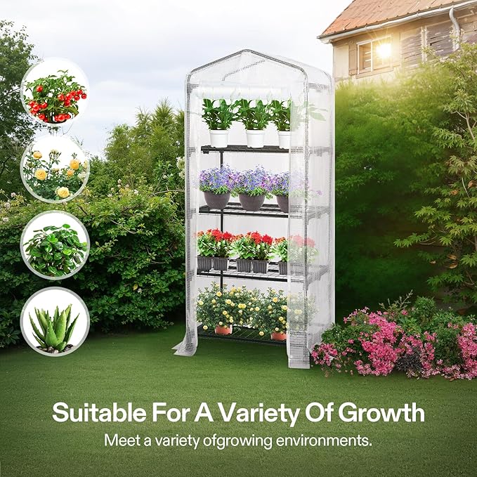 VIVOSUN Mini 4-Tier Greenhouse with Wheels, 27 x 19 x 63-Inch Reusable Portable Warm House with White PE Cover and Shelf for Compact Garden and Small Backyards, with Wheels