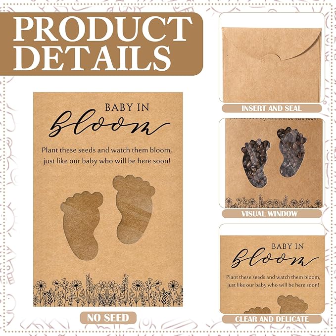 Fumete 50 Pack Baby in Bloom Seed Packets Baby Shower Party Favor for Guest Envelopes Kraft with Clear Window Resealable Seed Organizer Storage Bag for Gender Reveal Party, No Seeds(Footprints)