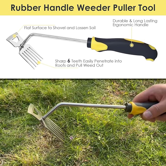 Weed Puller Tool, New 6 Teeth Garden Weed Remover Tool, Stainless Steel Rubber Handle Manual Weeder Tool, Uprooting Weeding Tool for Gardening Farm Planting & Weeding