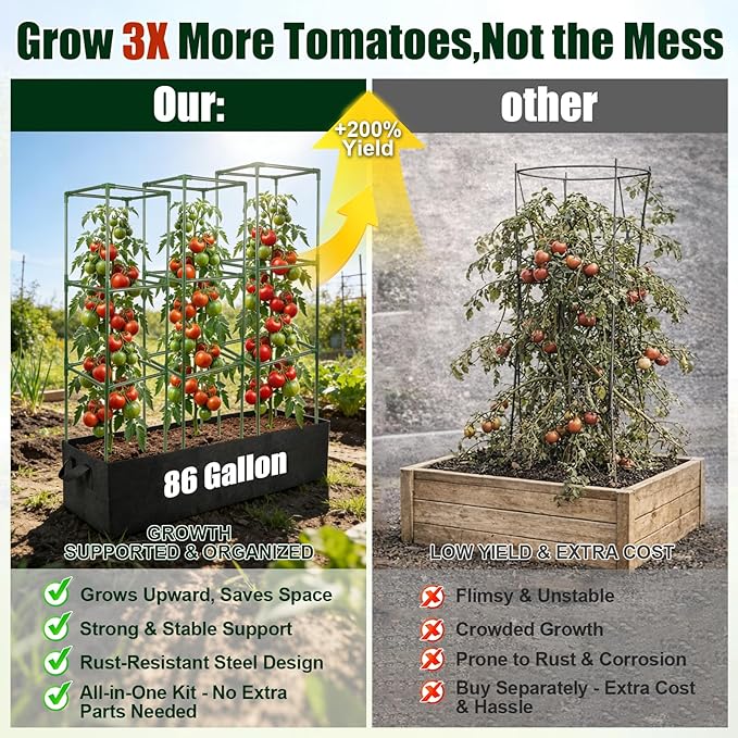 3-Pack Tomato Cages with 86 Gallon Raised Garden Bed - 41" Anti Collapse Heavy Duty Plant Support Trellis for Climbing Vegetables Plants Flowers ,Adjustable Vertical Tomato Trellis for Garden Balcony