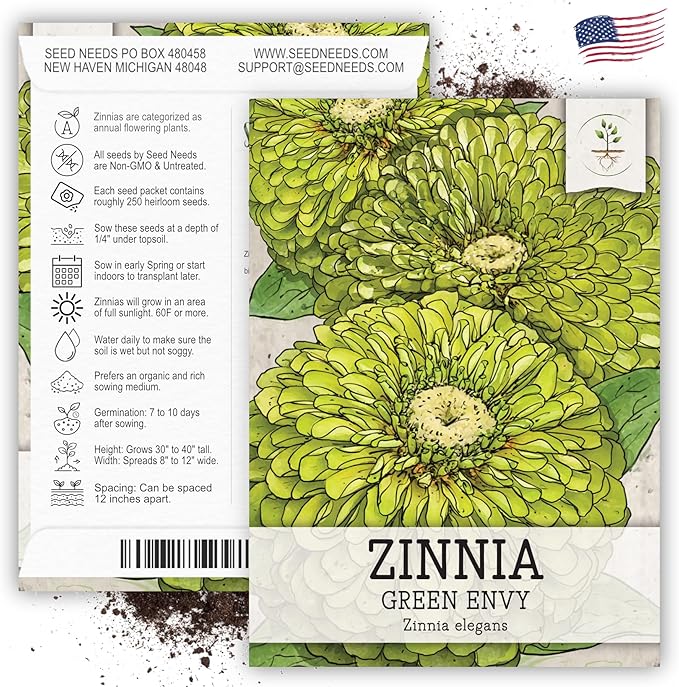 Seed Needs Lime Green Envy Zinnia Seeds for Planting - Heirloom & Open Pollinated Annual Cut Flowers - Grow a Butterfly Garden to Attract Pollinators (1 Pack)