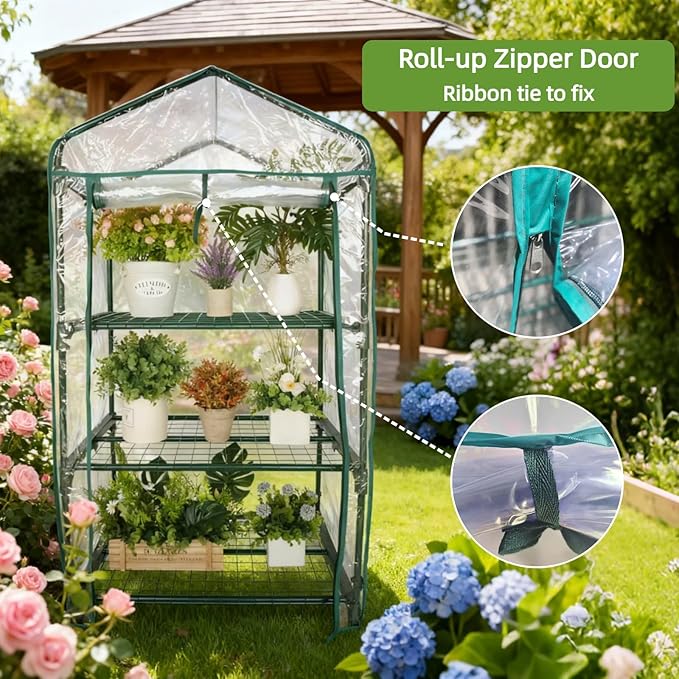 Mini Greenhouse for Indoor Outdoor, Small Plants Green House with 3 Tier Shelves, Portable Plastic Greenhouses with Transparent PVC Cover for Garden Backyard Patio Balcony Porch