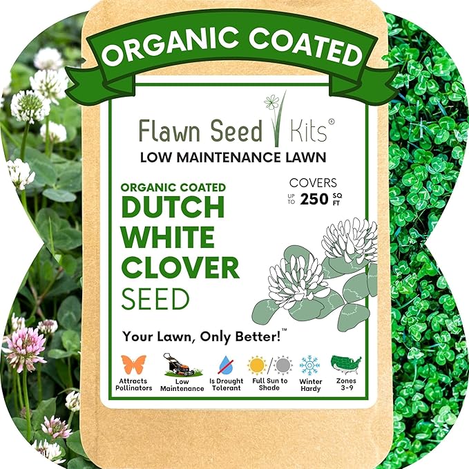 Flawn Seed Kits White Dutch Clover Seed, 1.1 Oz, Organic Coated, Natural Lawn, Ground Cover, Hunting Food Plot, Covers up to 250 Sqft