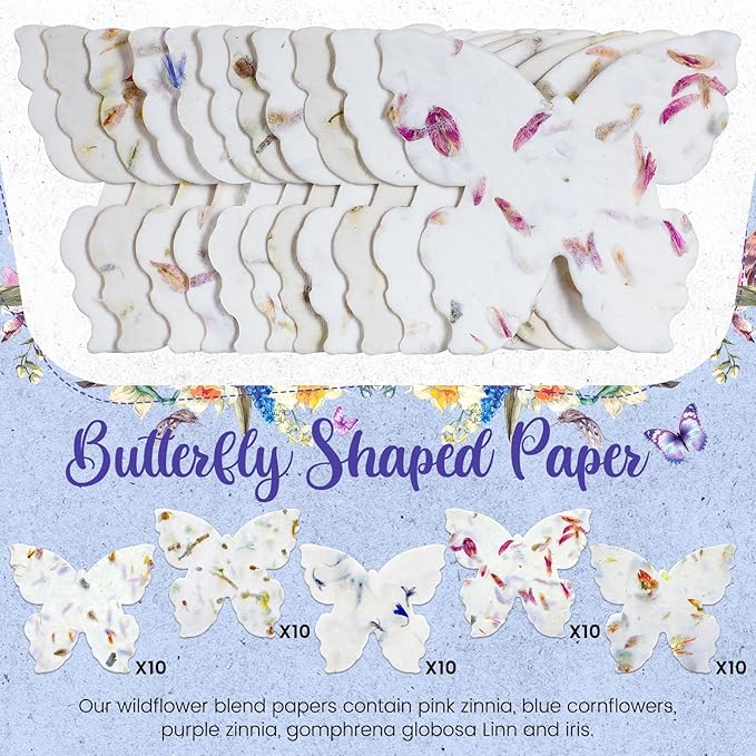 50 Pcs Handmade Seed Paper Plantable Wildflower Seed Paper Recycled Flower Petals Tags Wedding Favors for Guests Craft Gifts Cards for Envelope Birthday Party, 5 Styles (Butterfly Shape)