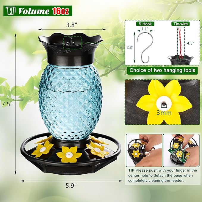 Fchstaer Glass Hummingbird Feeders for Outdoors Hanging Ant and Bee Proof 16OZ 2 Pack Blue Pineapple Humming Bird Feeder with 6 Feeding Ports and Ant Moat Hummingbird Gifts for Women Garden Decor