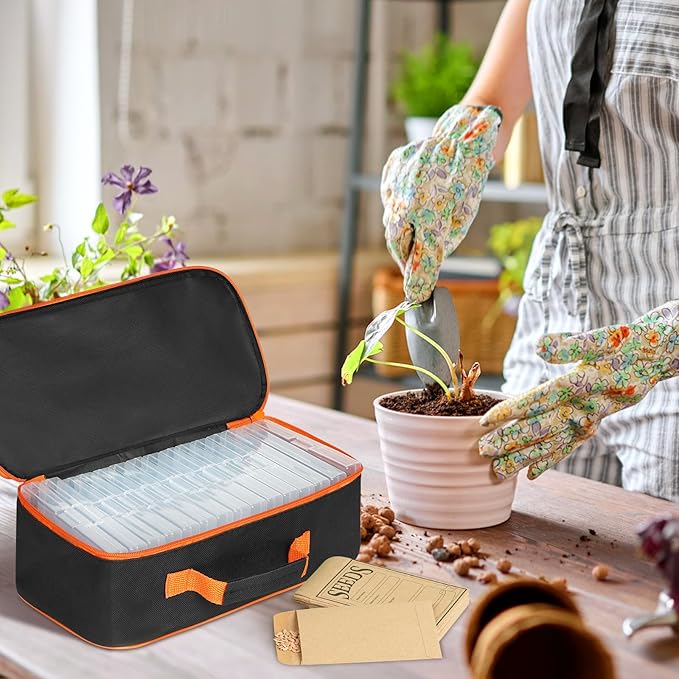 FACULX 15 Slots Seed Storage Box with 20 Seed Envelopes, Large Capacity Seeds Organizer Container with Zipper Bag Label Stickers, Seeds Saving Container for Garden Vegetable and Flower (Orange)