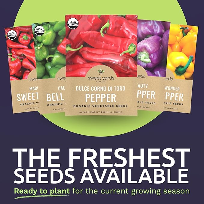 Organic Sweet Pepper Seeds Variety Pack - 5 Individual Packs - 2026 Season - Red, Yellow, Green and More! for Indoor & Outdoor Planting (Non-GMO, Certified Organic)