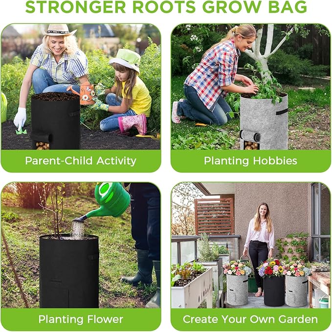 Yoojahow 4 Pack 30 Gallon Potato Grow Bags with Harvest Window, Durable Garden Planter Bags with Handles for Potatoes, Tomatoes, and Vegetables - Indoor & Outdoor Gardening Supplies (Black,Gray)