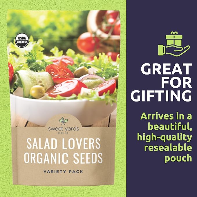 Organic Salad Lover Seeds Variety Pack - 10 Individual Packs - 2026 Season - Yellow Pear Tomato, Buttercrunch Lettuce and More! for Indoor & Outdoor Planting (Non-GMO, Certified Organic)