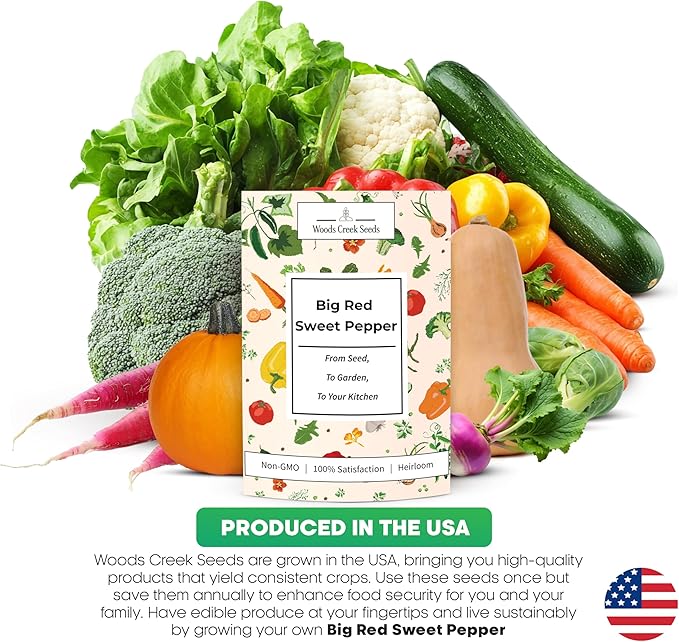 Woods Creek Seeds: Big Red Sweet Pepper Seeds for Planting - Non-GMO and Heirloom Bell Pepper Seeds for Planting Outdoors or Indoors for Home Plant Gardens - Large and Blocky Bell Peppers Seed Pack