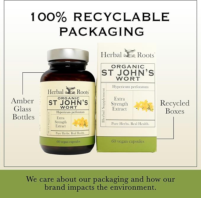 Herbal Roots Organic St Johns Wort Capsules | 450 mg per Serving | No Binders or Fillers Non GMO | 60 Vegan Capsules