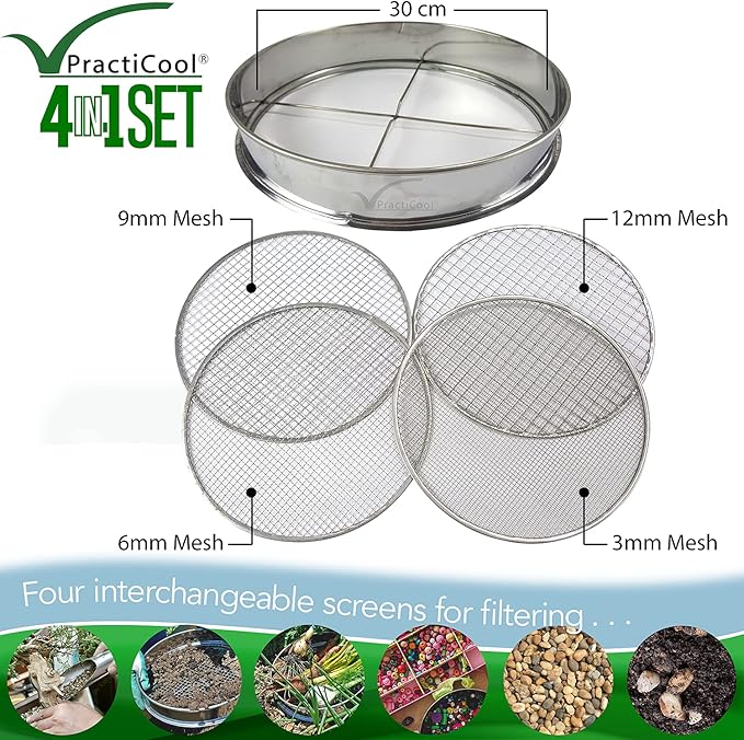 Garden Potting Mix Sieve - Stainless Steel Riddle - Soil sifting pan - with 4 Interchangeable Filter mesh Sizes - 3,6,9,12 mm and Bonus Spade