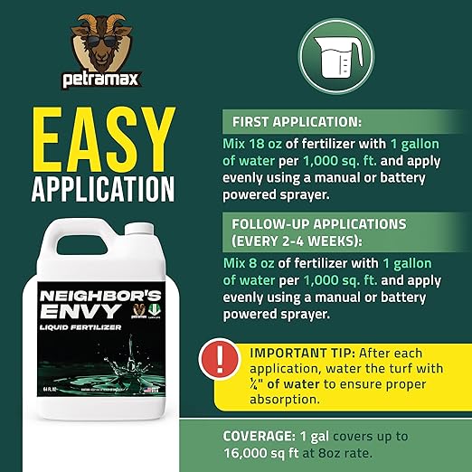 PetraMax Neighbor’s Envy Grass Fertilizer for Lawn & Garden, 64 Ounce Covers up to 8,000 sq.ft. 7-in-1 Liquid Lawn Fertilizer Concentrate for Deep Green Turf - Includes Nitrogen/Iron/Humic/Sea Kelp
