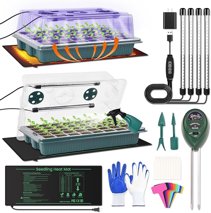 2 Pack 80 Cells Seed Starter Tray with Grow Light & Heat Mat, Plant Seed Starter Kit with Humidity Domes, Automatic Timer, and Adjustable Brightness for Indoor Greenhouse Gardening