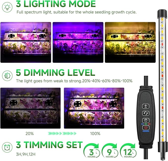 Self-Watering Seed Starter Tray with Grow Lights, 60 Cells Seed Starter Kit, Full Spectrum Grow Light for Seed Starting, Timing Set, Germination Tray Grow Kits with High Humidity Domes