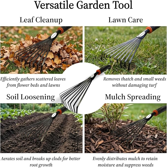 Garden Hand Rake, 2 Pack Leaf Rake with Durable Steel Tines, Small Shrub Rake with Ergonomic Non-Slip Handle for Lawn, Leaves, Soil, Flower Beds & Yard Cleanup