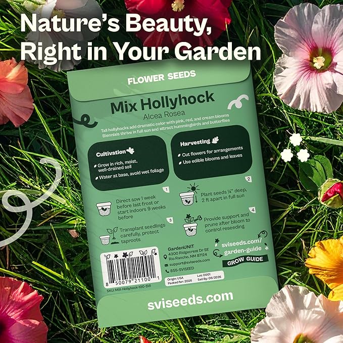 SVI 100 Mix Hollyhock Seeds (Alcea rosea) - Mallow, Common Hollyhock Seed Packets, Attracts Hummingbirds - Heirloom Flower Seeds for Outside & Inside, Meadows, Fences, Beds