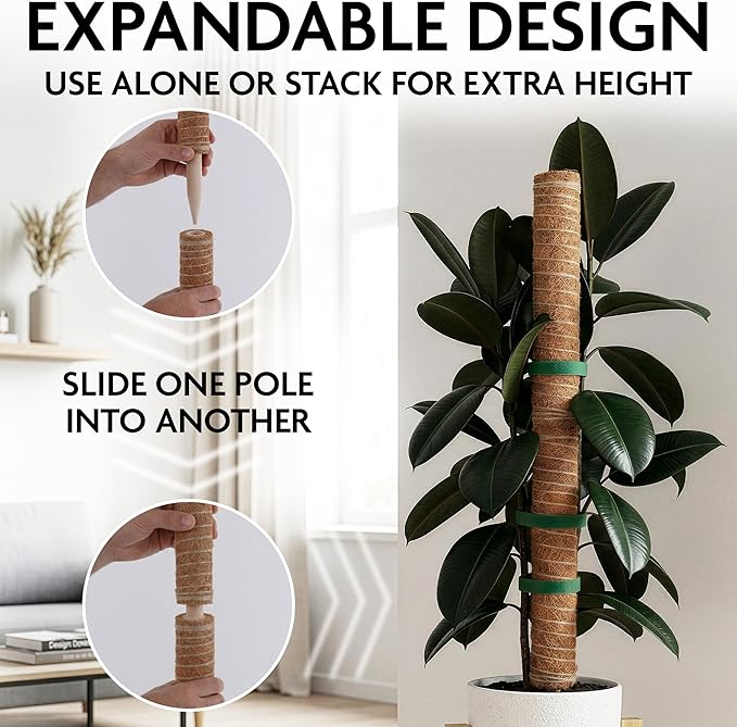 Moss Pole 26.4" Small Monstera Plant Support 2 Pcs Set - Pothos Plant Climber Support with Connectable Design and Fixation Strip - Coconut Fiber Moss Poles for Monstera, Money Plants, Philodendron