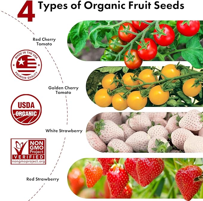 LYKOCLEAN Strawberry Seed Pods for AeroGarden, Ahopegarden, iDOO Hydroponics Growing System, 350 Seeds+ Including Red Cherry Tomato Golden Cherry Tomato, White Strawberry, Red Strawberry (12-Pods)