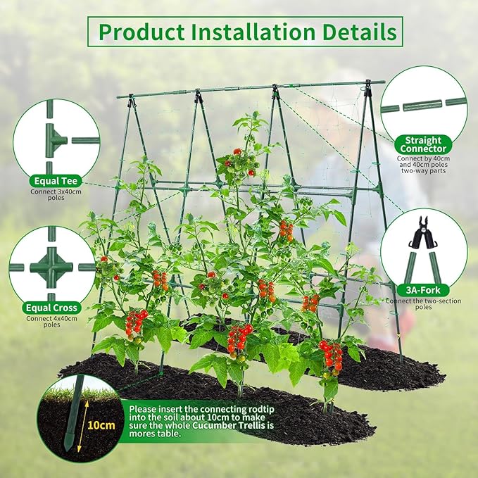 Cucumber Trellis, 50x48 inch A-Frame Garden Trellis for Climbing Plants Outdoor Support for Vegetable Vine Tomato Cucumber Trellis Raised Bed, with Netting, Green