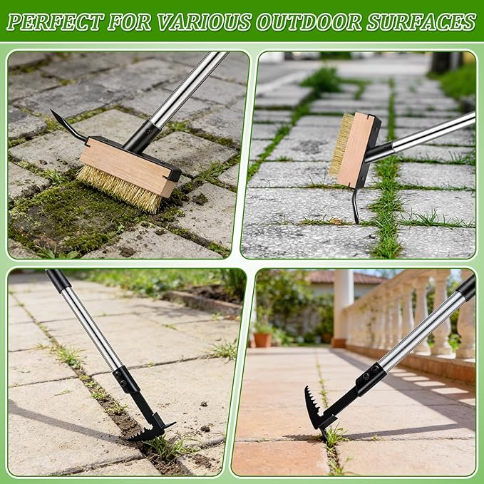 Crack Weeder Tool Set - Upgraded & Lengthened Manual Manganese Steel Crevice Weeding Tool with Adjustable Handle for Moss Weed Removal in Driveways, Patios, Pavers, Garden Cracks