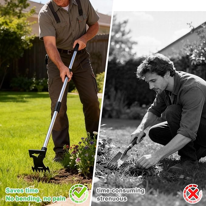 Weed Puller Tool with Long Handle，Adjustable Long Manual Weeder Remover Tool，2 in 1 Hand Weed Rake and Garden Hoe for Gardening, Uprooting Weeding Tool for Yard, Lawn, Patio, Garden