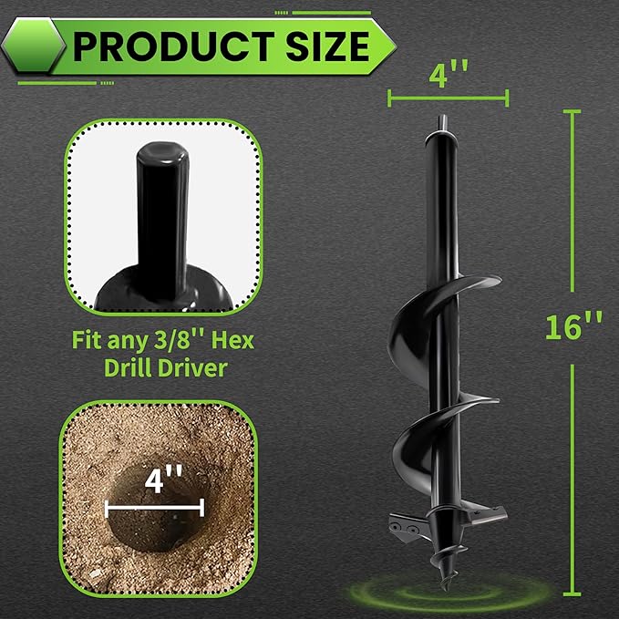 SYITCUN Auger Drill Bit for Planting - 4"X16" Heavy-Duty Auger Post Hole Digger for Fence - 3/8" Hex Drive Drill